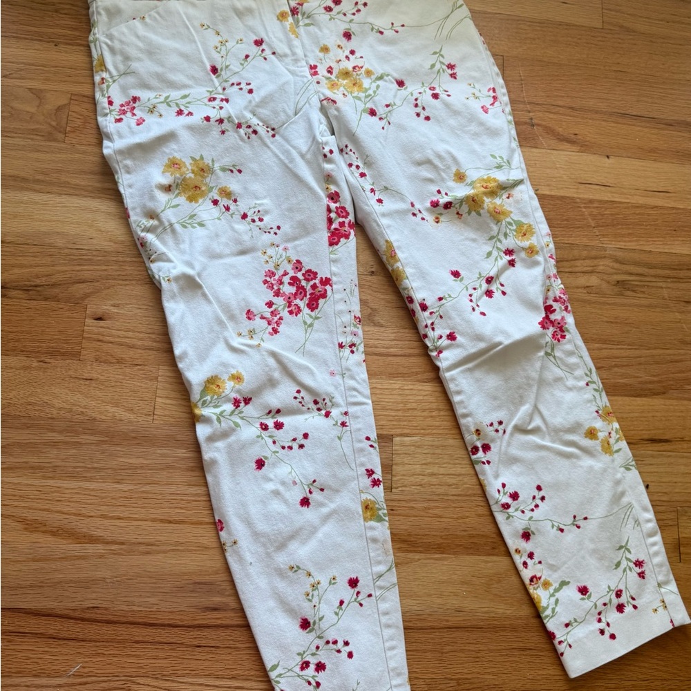 White Floral Ankle Jeans with Pink & Yellow Blooms